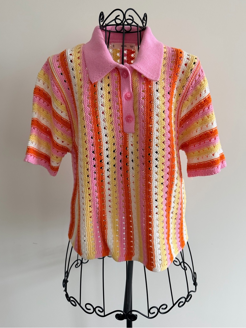 Striped Knit Polo Top in Pink, Orange & Yellow